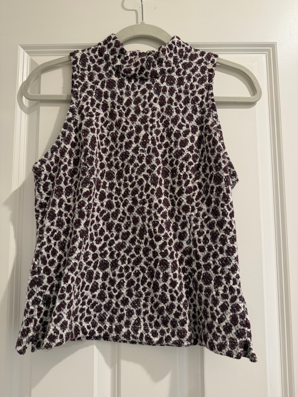 Anthropologie Sleeveless Mock Neck Leopard Print Top - White & Burgundy